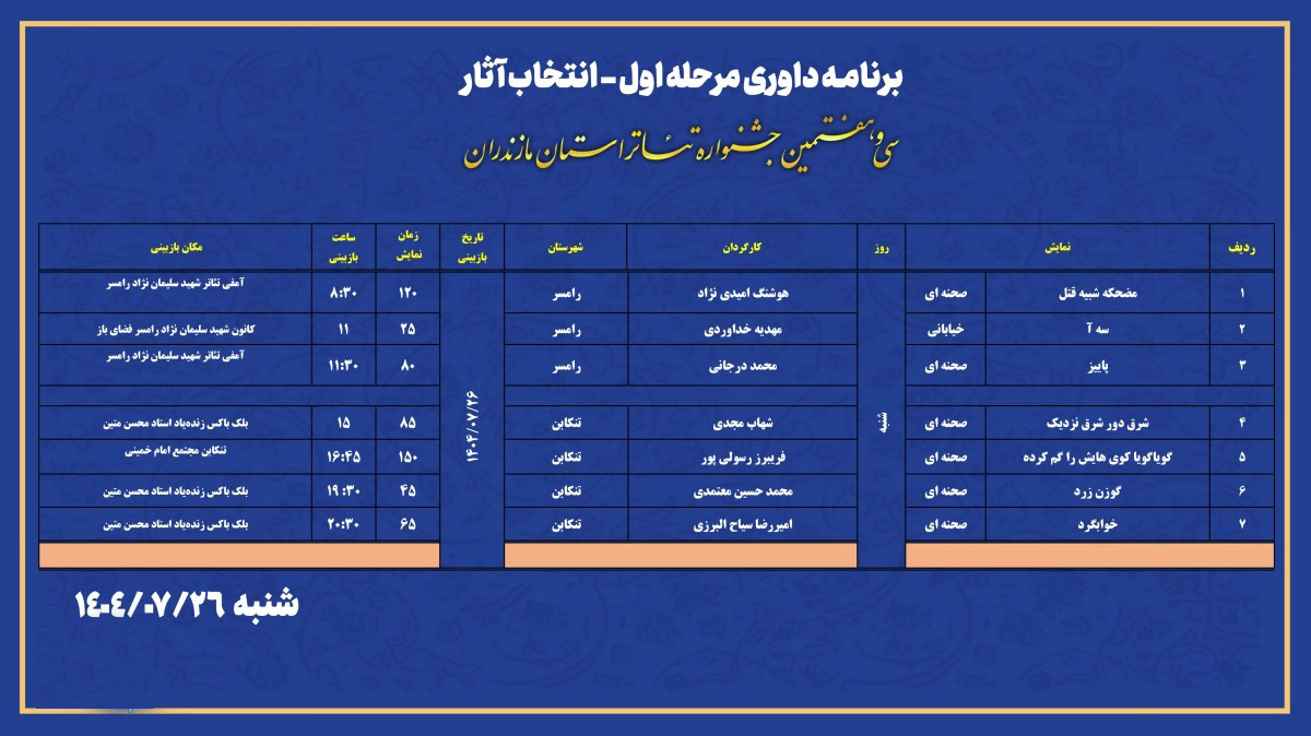 جدول برنامه انتخاب آثار سی و هفتمین جشنواره تئاتر مازندران